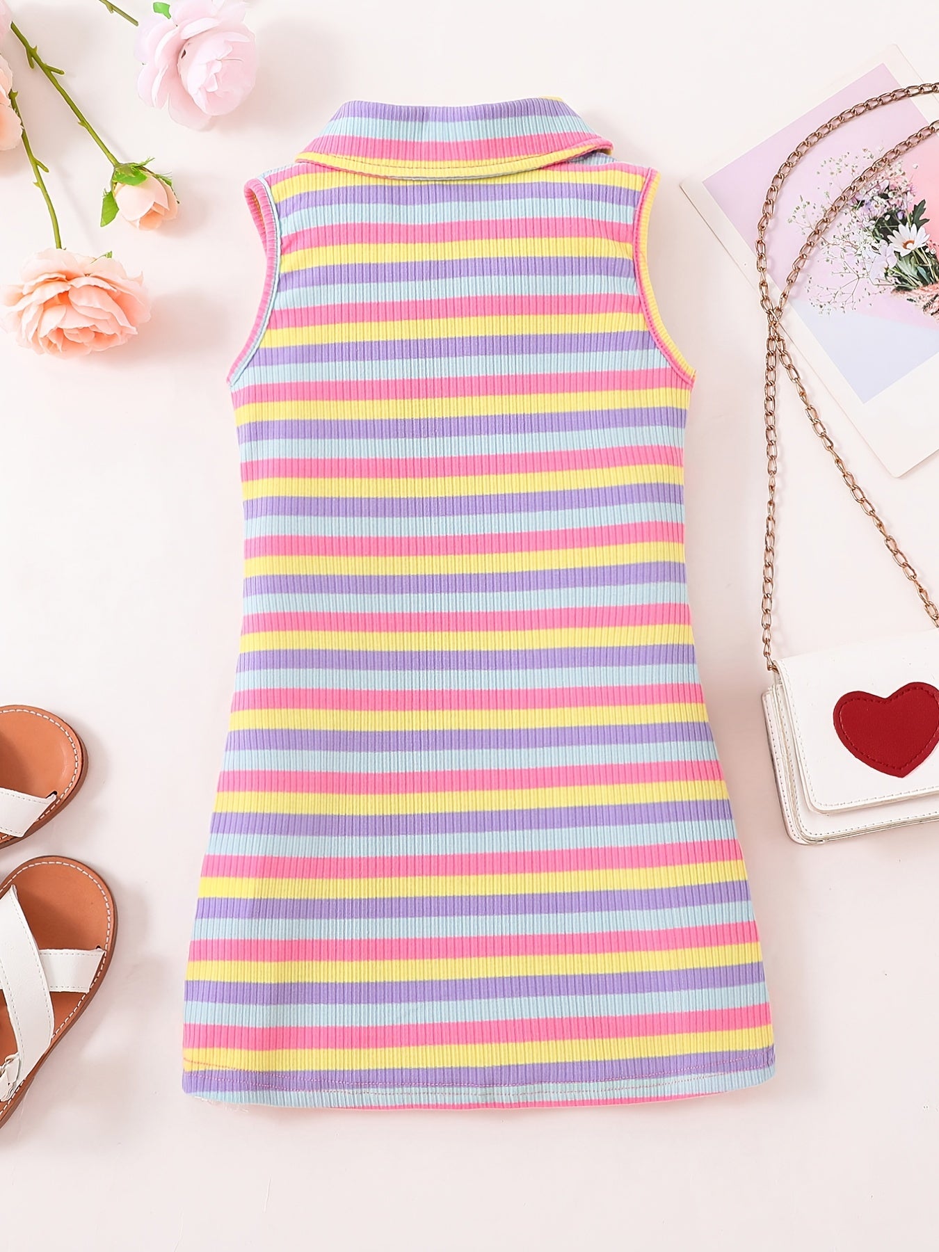 Rainbow Striped Ribbed Knit Polo Neck Dress for Toddler Girls