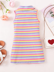 Rainbow Striped Ribbed Knit Polo Neck Dress for Toddler Girls