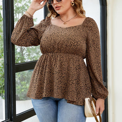 Leopard Print Long Sleeve Peplum Top Women's Plus