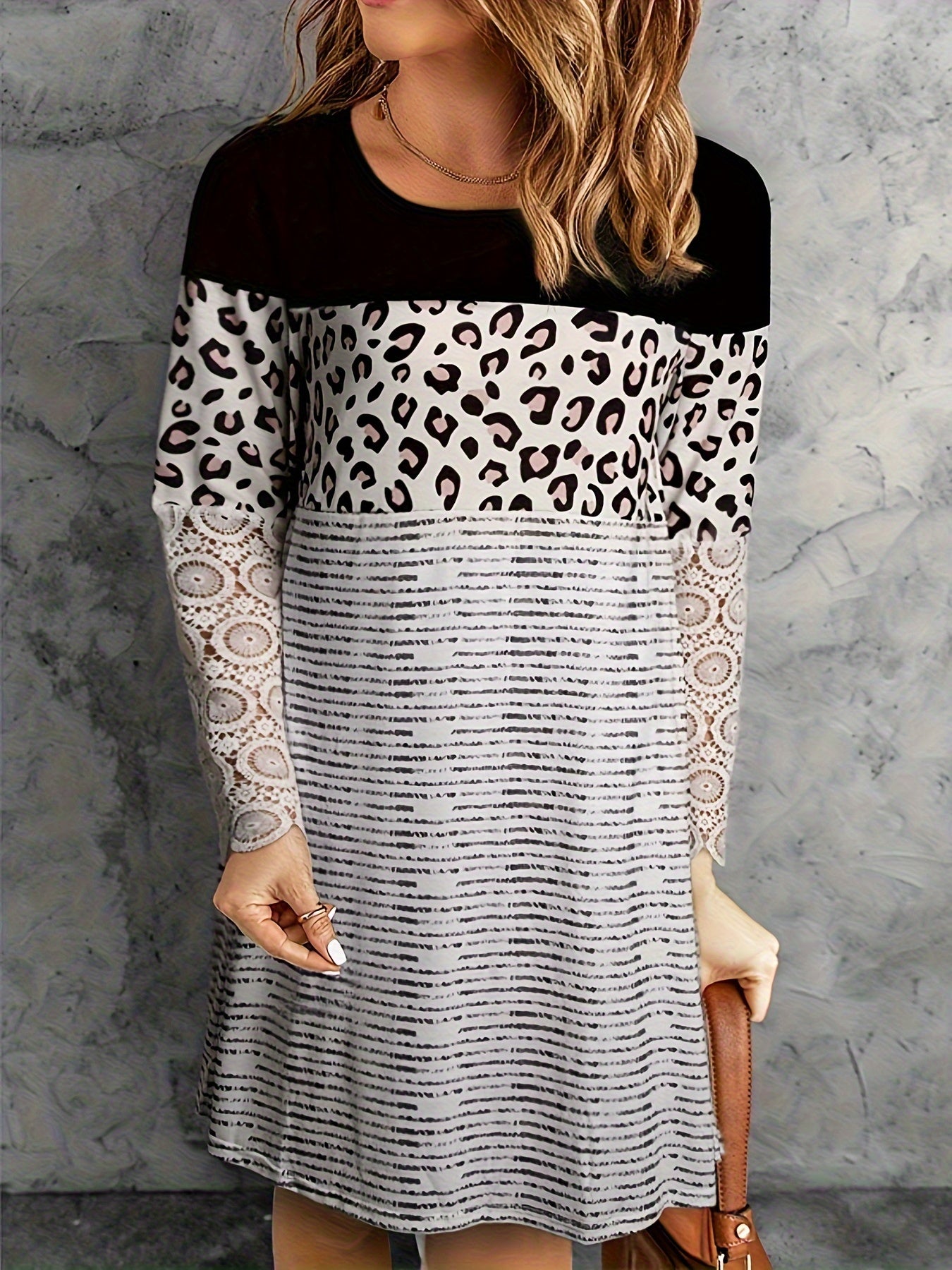 Colorblock Stripe & Leopard Print Lace Dress