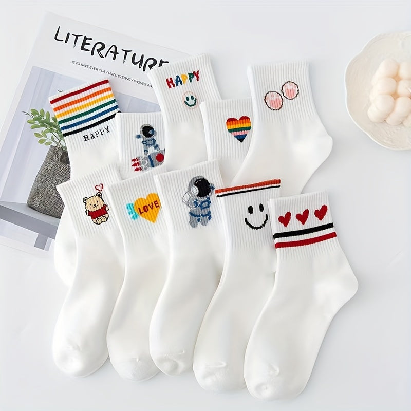 10 Pairs Cartoon Print Socks, Comfy & Mid Tube Women's Stockings