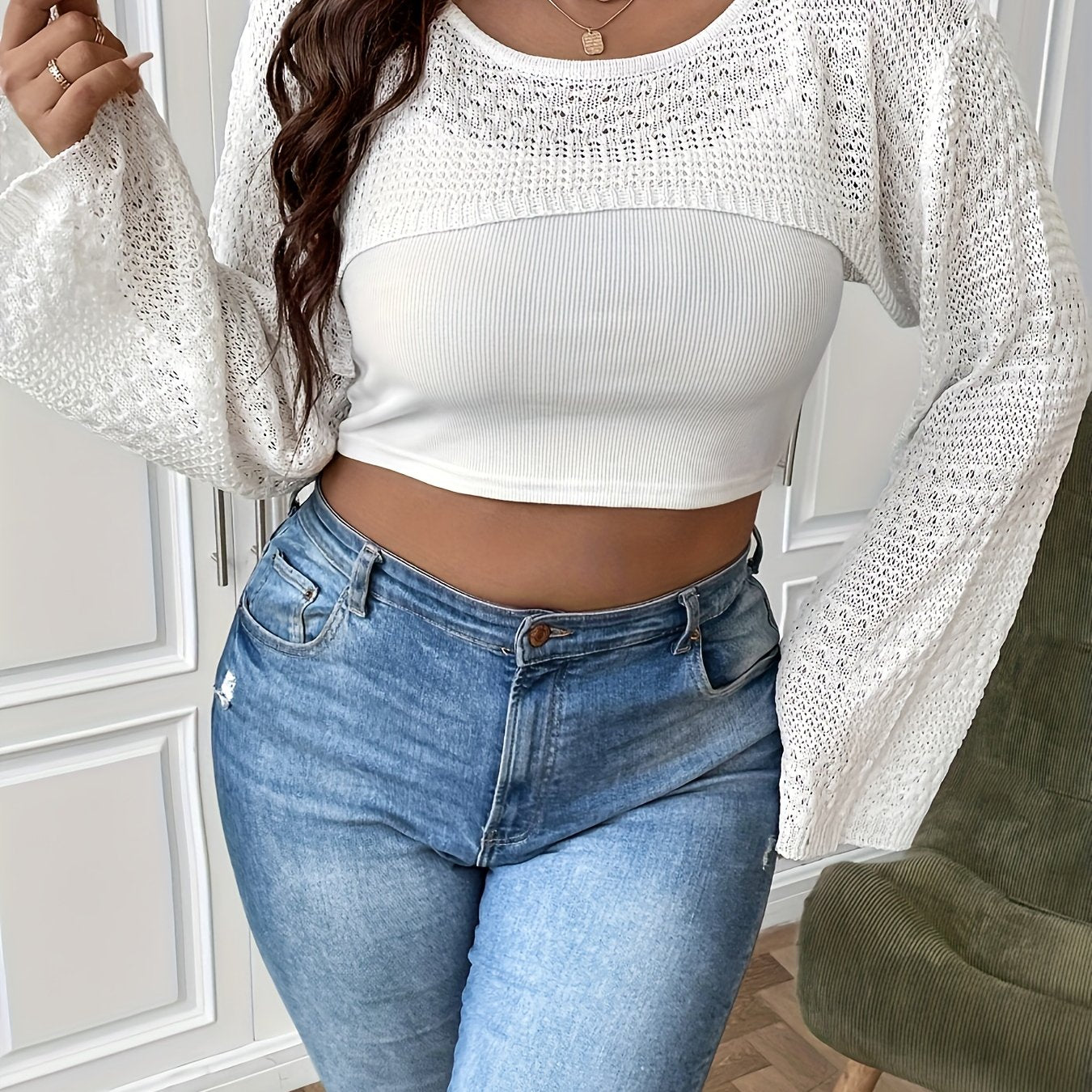 Hollow Out Bell Sleeve Crop Sweater