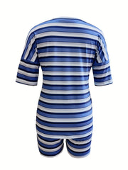 Striped Print Casual Two piece Set Crew Neck Short Sleeve Tee & Shorts
