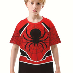 Spider Print Tee Tops Boys Round Neck Casual Short Sleeve Comfortable