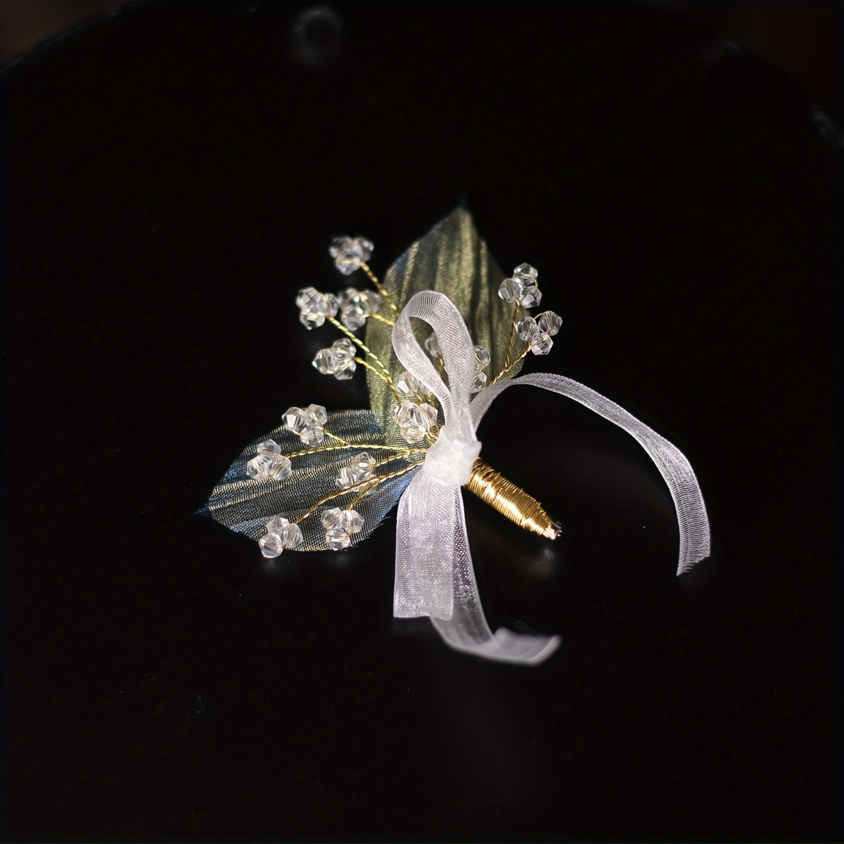 Leaf Shape Brooch Pin With Crystal Beads Mesh Bowknot Brooch