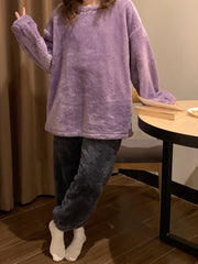 Plush Pajamas Set Crew Neck Top & Fluffy Waistband Pants