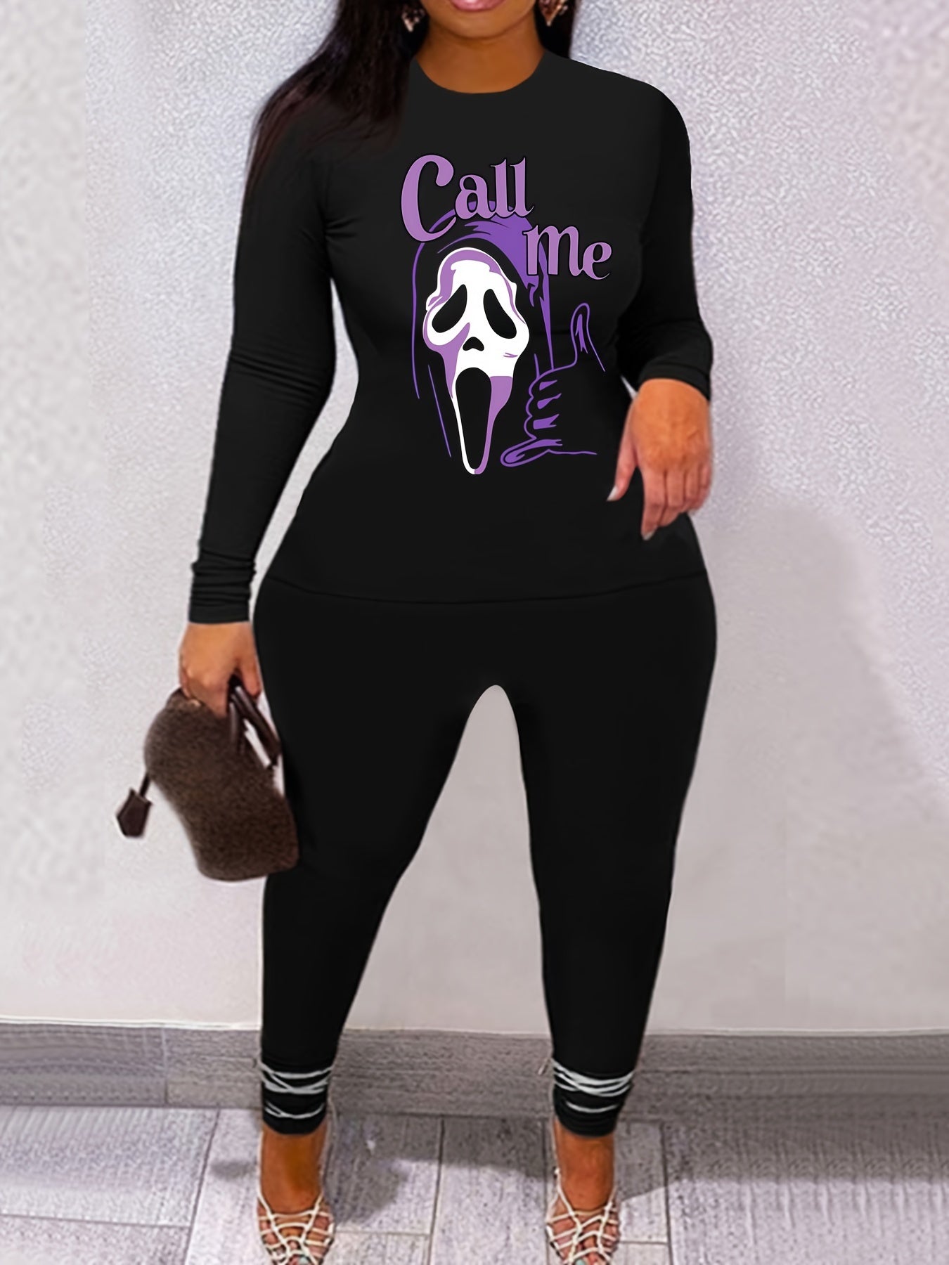 Women's Plus Skull & Slogan Print 2 Pc Set