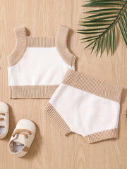 2pcs Baby Girls Casual Block Knit Tank Top & Shorts Set