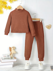 Girl's Solid 2pcs Top & Ribbed Pants Set for Spring Fall