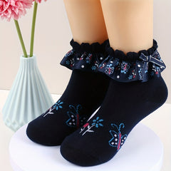 Girls Floral Ruffle Trim Short Crew Socks - Comfortable Princess Socks