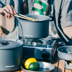 KORAMAN Aluminum Camping Cookware Set Lightweight Pots Pans Teapot with Mesh Bag