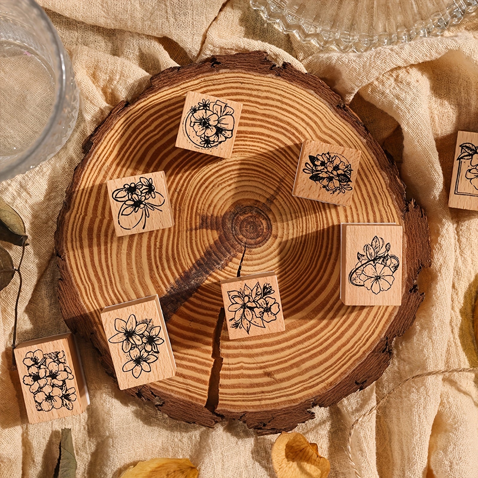 8pcs Vintage Flowers Wooden Rubber Stamps Set - Craft Scrapbook Card Making DIY