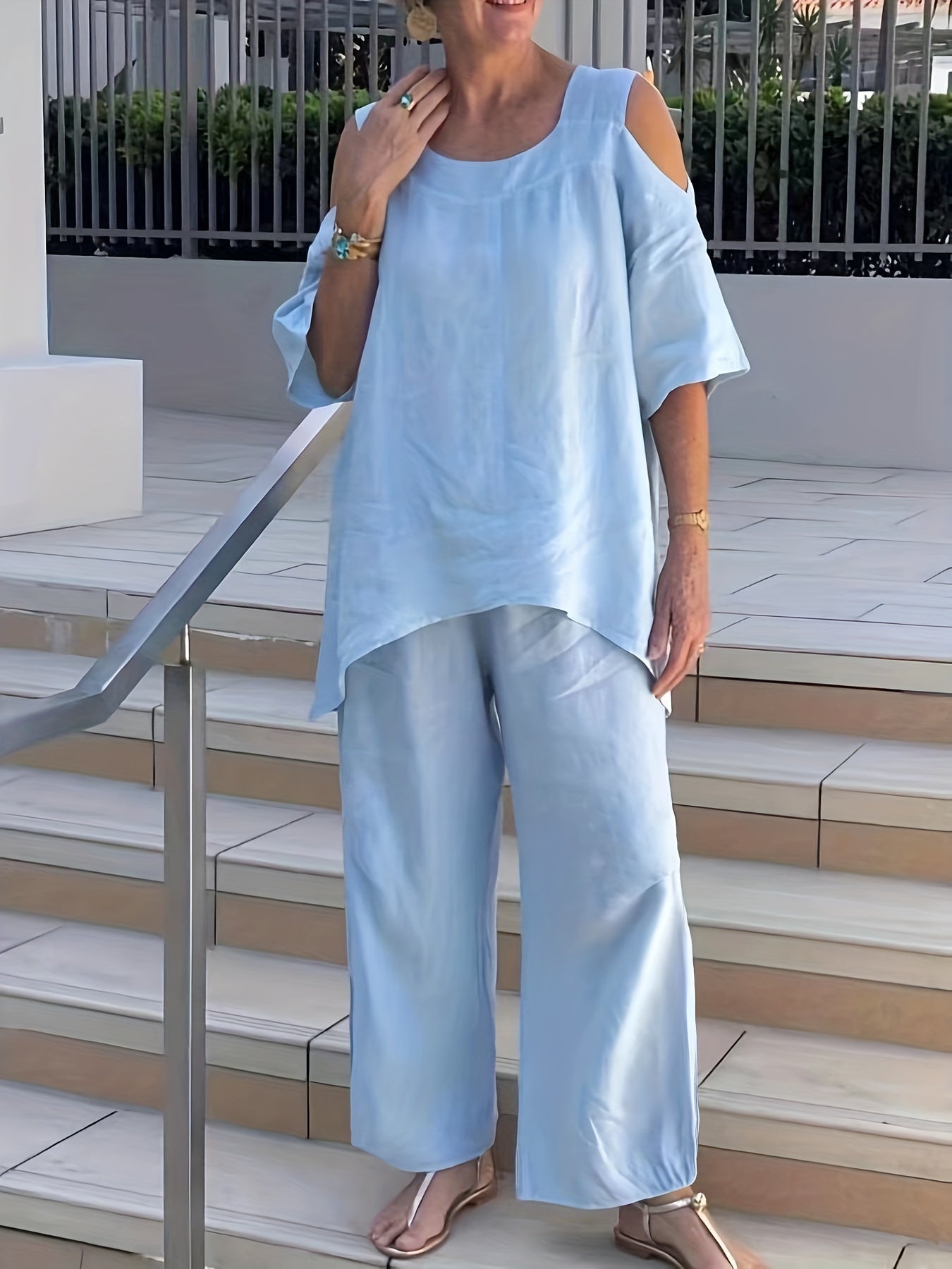 2 Piece Set Solid Cold Shoulder Top & Pants Outfit