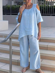 2 Piece Set Solid Cold Shoulder Top & Pants Outfit