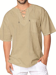 INCERUN Men's Cotton Short Sleeve Lace Up Shirts Hippie Baggy V Neck Tee