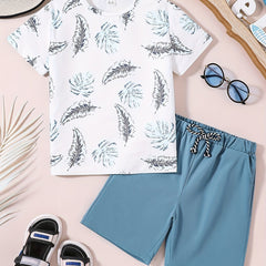 Boys Leaf Print Casual Outfit Round Neck T shirt & Shorts Kids Summer Clothes