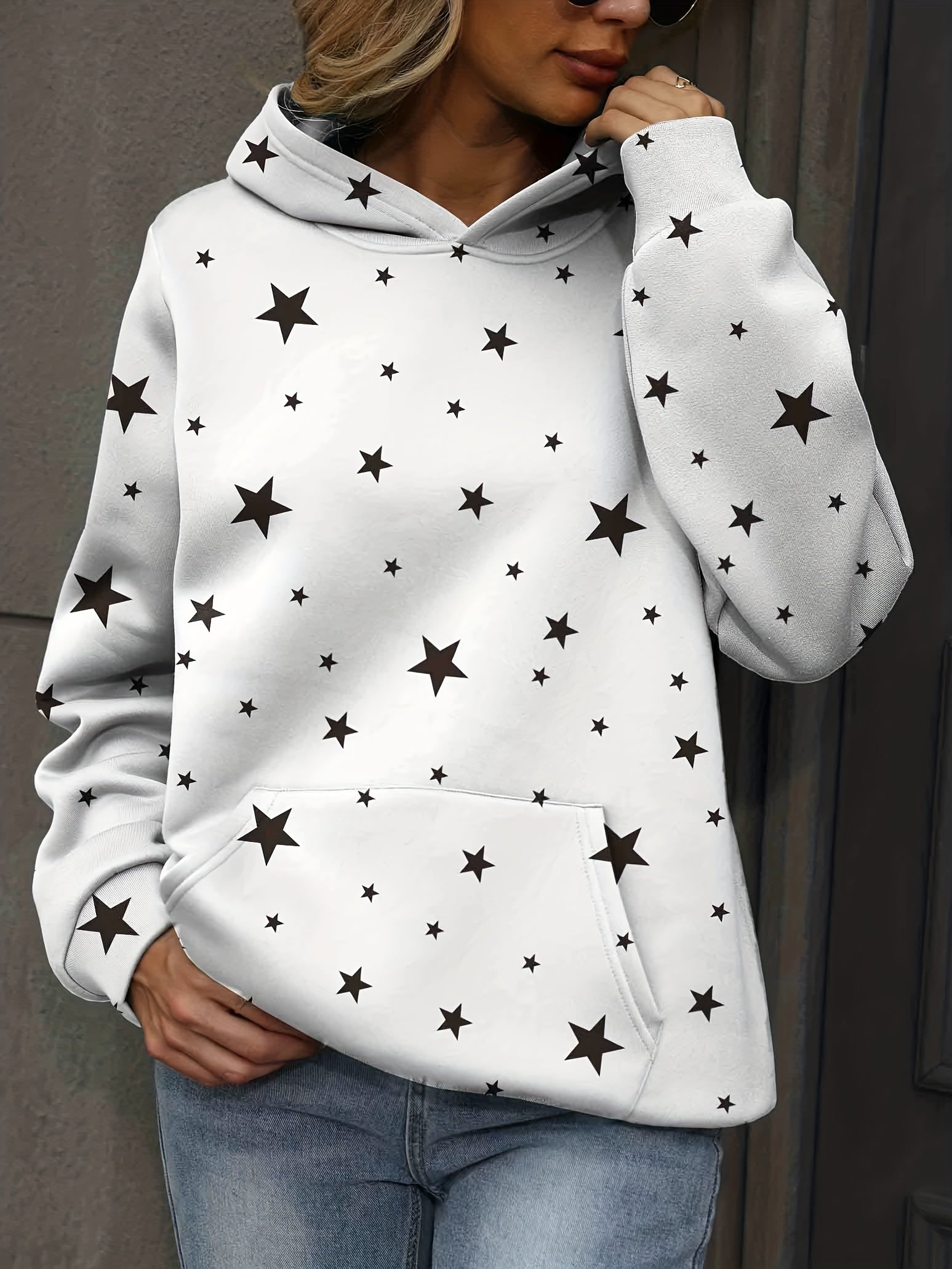 Stars Print Kangaroo Pocket Hoodie Casual Sweatshirt