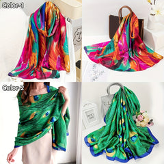 Women Colorful Feathers Print Oblong Scarf Multicolored Head Wrap Silky Shawl