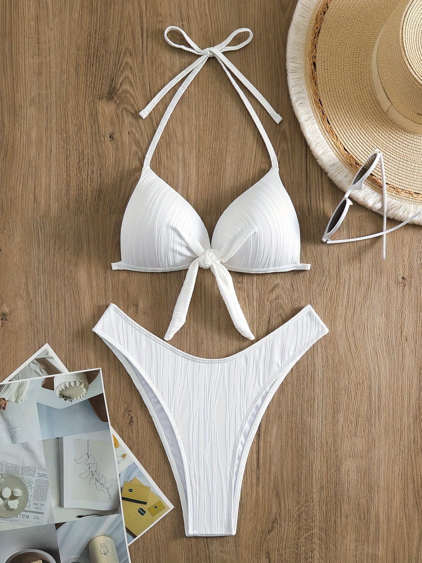Striped Texture Halter V Neck Bikini Set Two Pieces Swimsuit