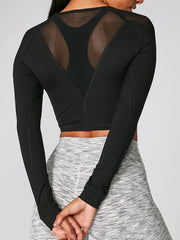 Solid Mesh Contrast Sports Top Long Sleeve Casual Yoga T-shirt