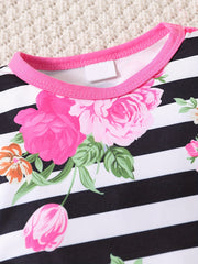 Baby Girls Striped Floral Jumpsuit Set with Flared Pants and Hair Accessories
