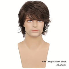 Men's Long Curly Wig Dark Brown Synthetic Fiber Hair Handsome