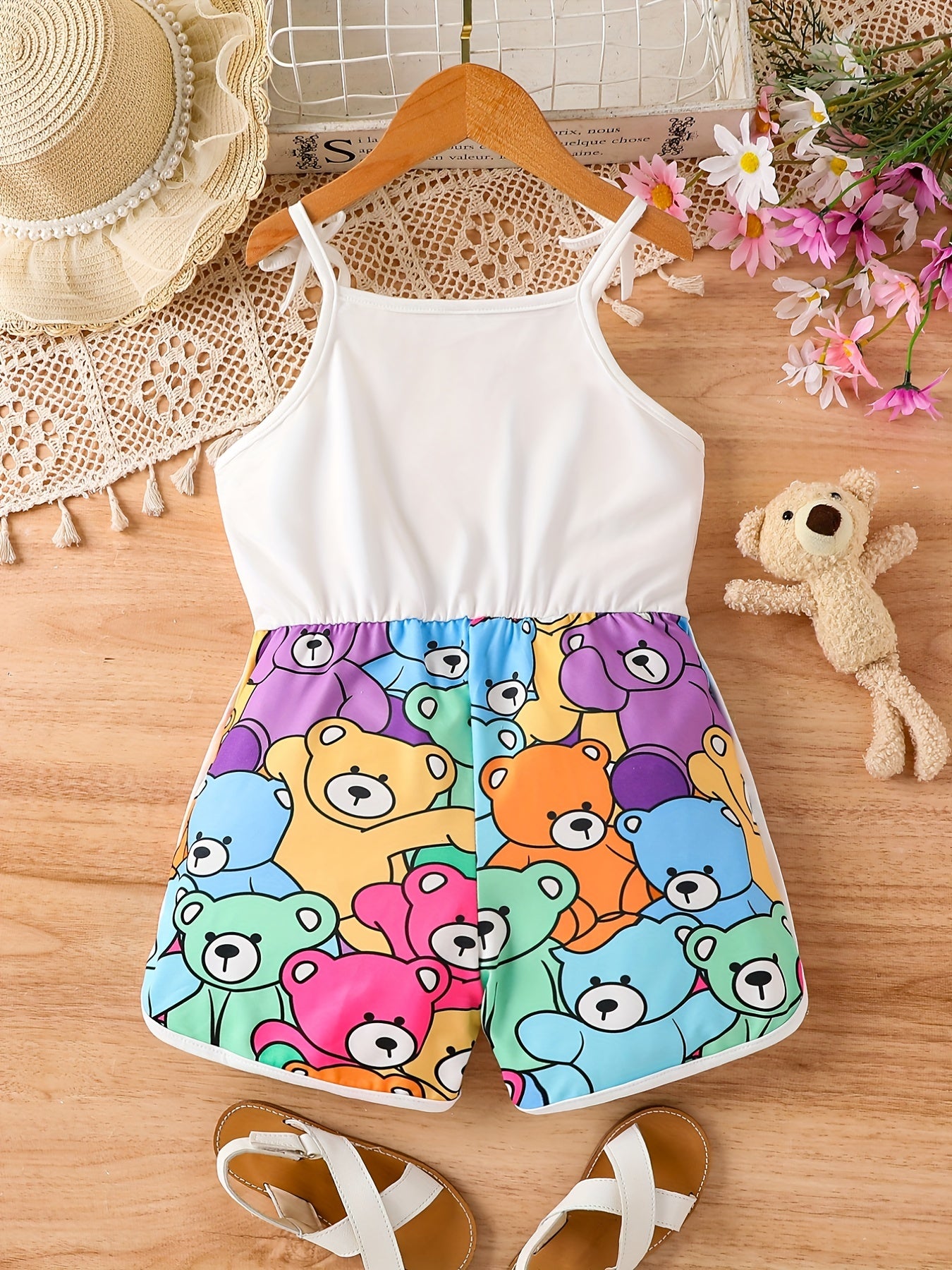 Toddler Girls Cartoon Bear Cami Rompers Jumpsuits for Beach Vacation