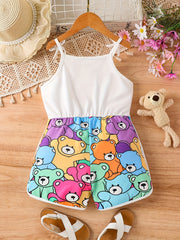 Toddler Girls Cartoon Bear Cami Rompers Jumpsuits for Beach Vacation