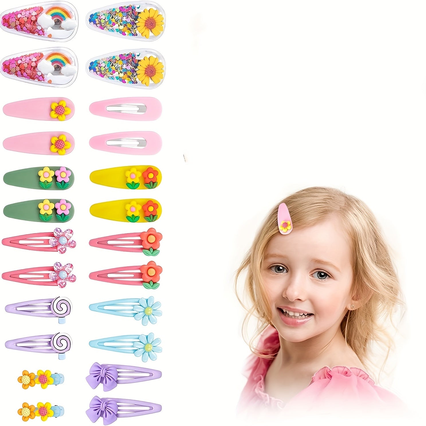 12pcs Girls Flowers Bow Rainbow Decor Hair Clips Non Slip