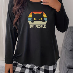 Cat & Letter Print Long Sleeve Home Wear Tee
