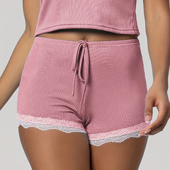 Lace Trim Ribbed Sleep Bottoms Elastic Waistband Shorts