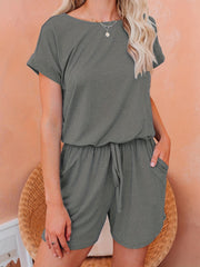 Drawstring Waist Romper Jumpsuit Short Sleeve Casual