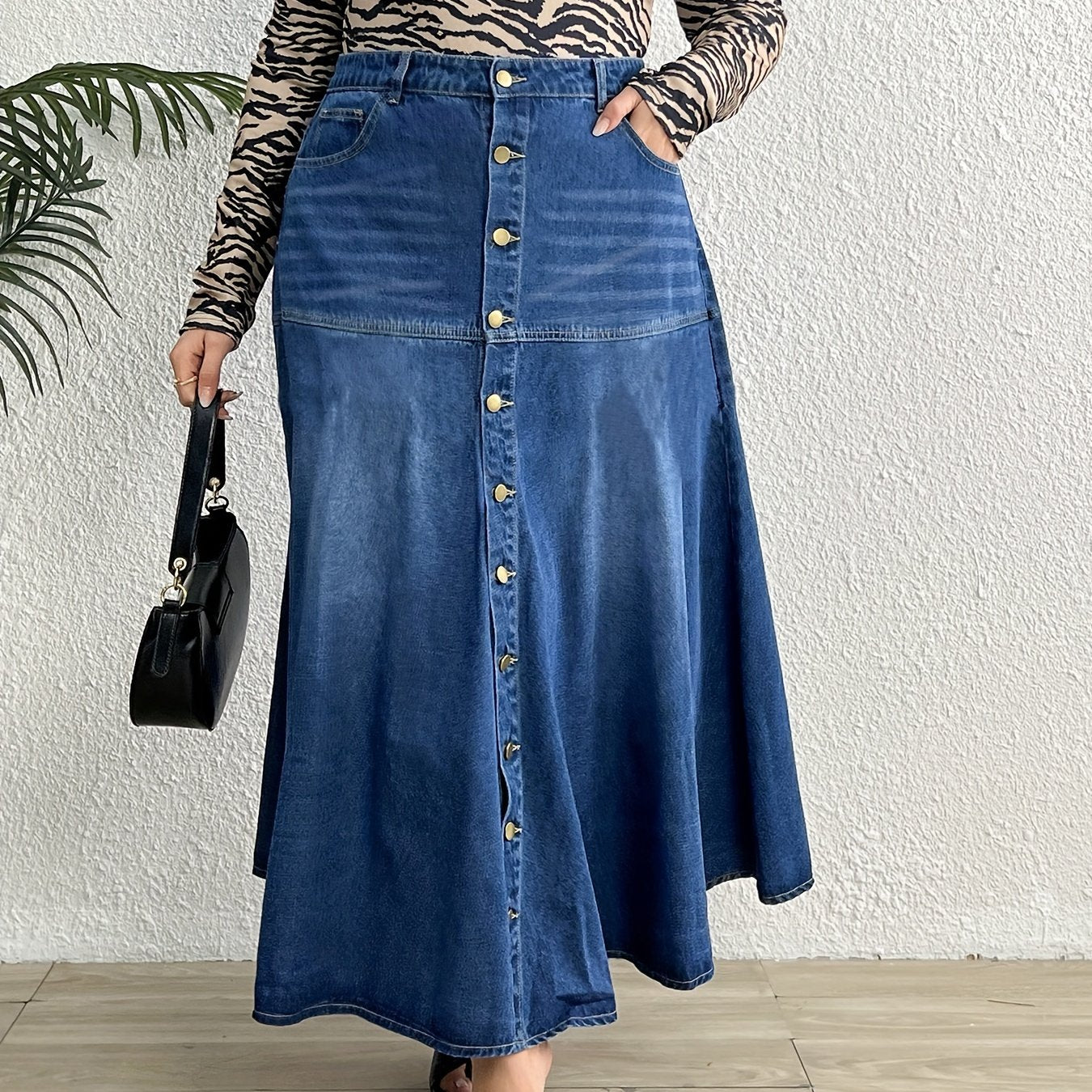 High Rise Maxi Denim Skirt Button Up Washed Casual Women's Plus