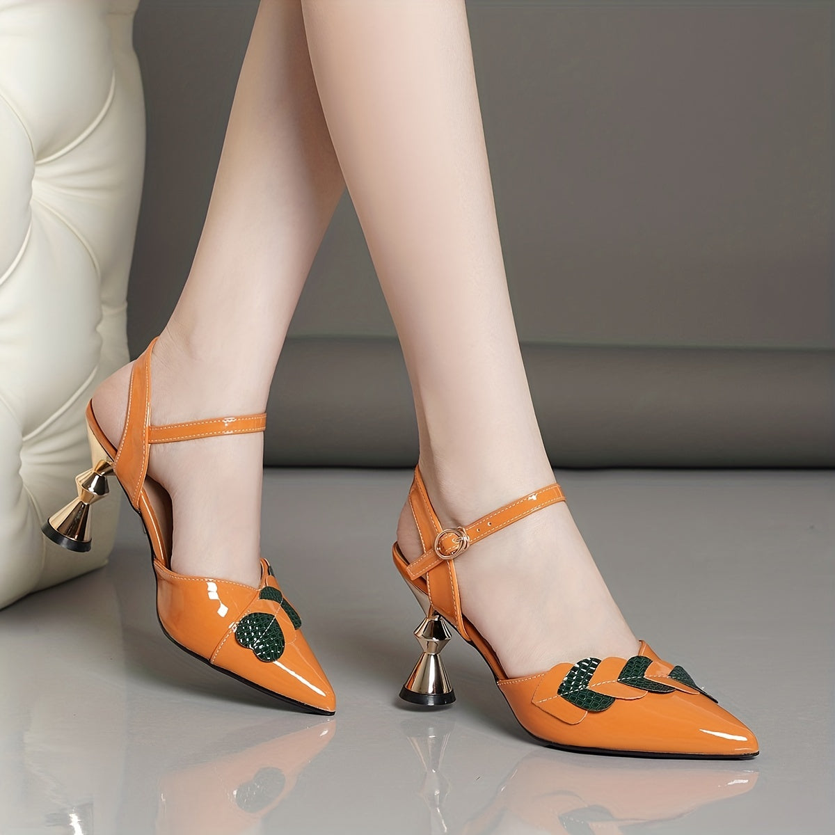 Colorful Heart Ankle Strap Heels Pointed Toe Slingback Pumps