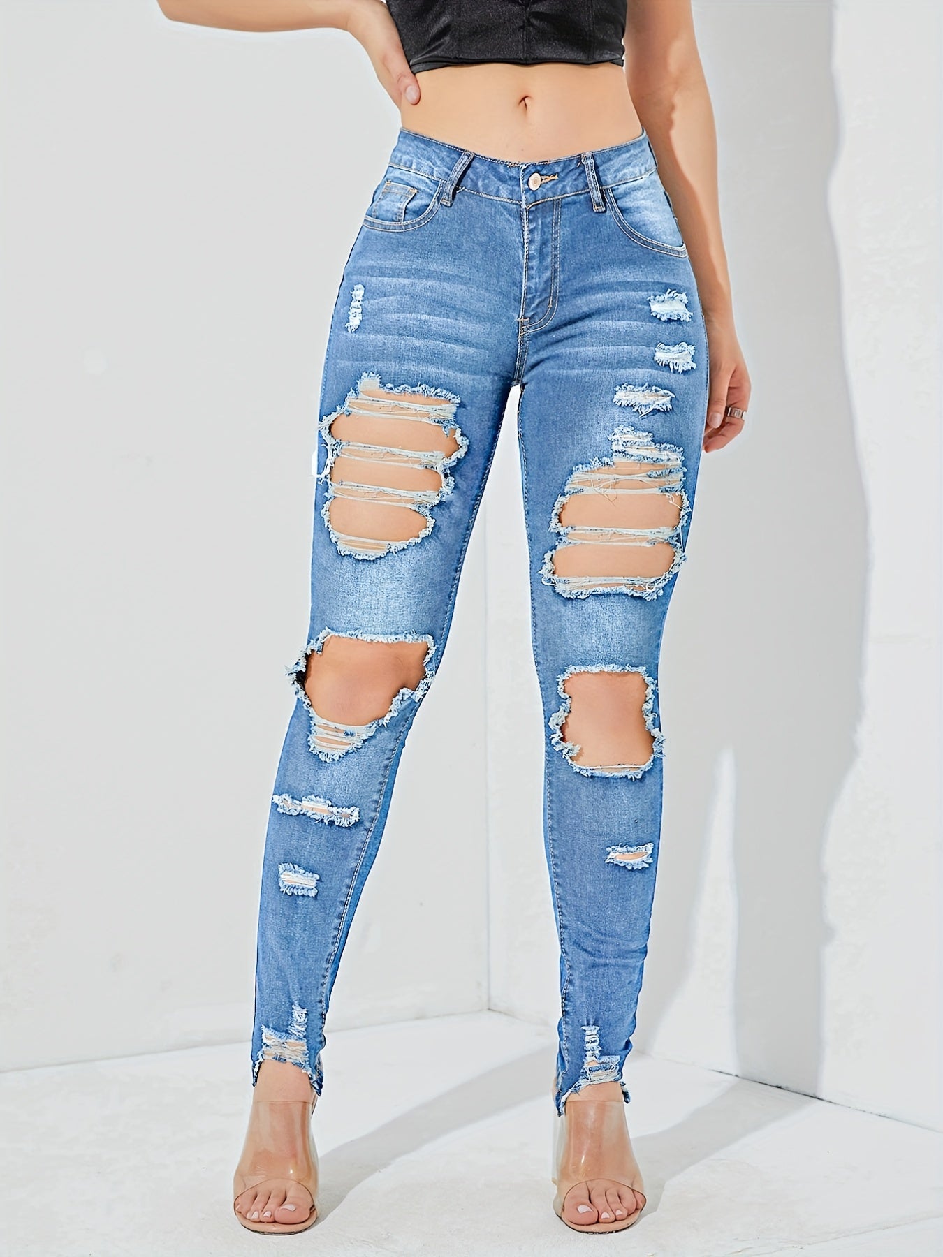 High Waist Distressed Skinny Jeans Slash Pockets Tight Fit