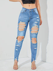 High Waist Distressed Skinny Jeans Slash Pockets Tight Fit