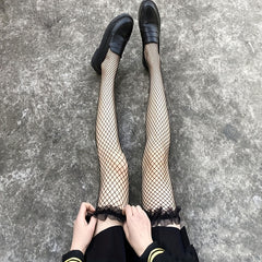 Ruffle Fishnet Thigh High Stockings Hollow Out Over The Knee Socks