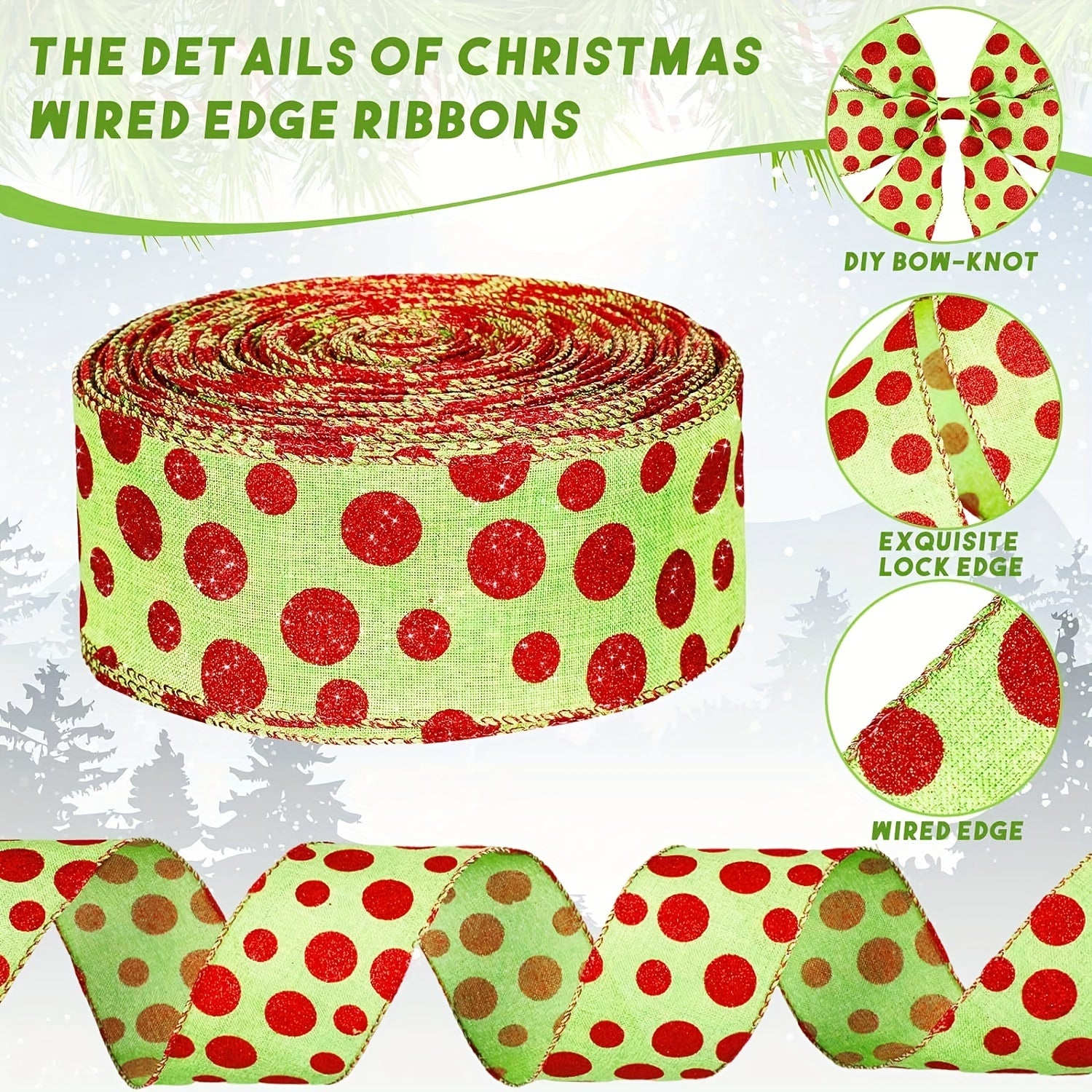 4.57m Christmas Wired Edge Ribbon Green Polka Dots Wrapping Colorful Fabric