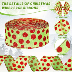 4.57m Christmas Wired Edge Ribbon Green Polka Dots Wrapping Colorful Fabric