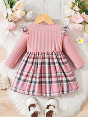 Baby Girls Bow Long Sleeve Plaid Dress Knitted Top Pleated Skirt
