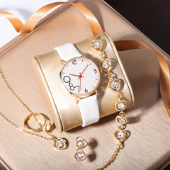 6pcs Fashionable Digital Leather Quartz Watch Set