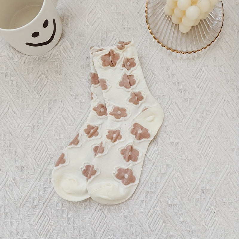 5 Pairs 3D Floral Textured Socks Retro Style Mid Tube Socks