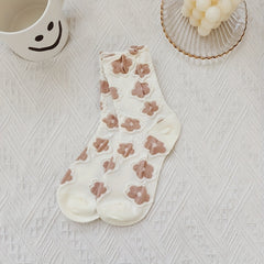 5 Pairs 3D Floral Textured Socks Retro Style Mid Tube Socks