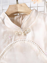 Girls Vintage Cheongsam Dress Faux Pearl Embroidered Summer Party Clothes