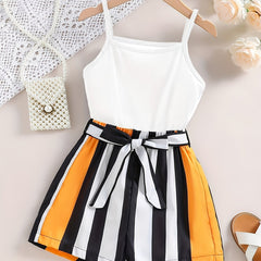 Girls Striped Self Belted Cami Romper Jumpsuits