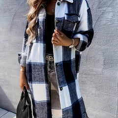 Plaid Print Long Length Jacket Button Front Outwear