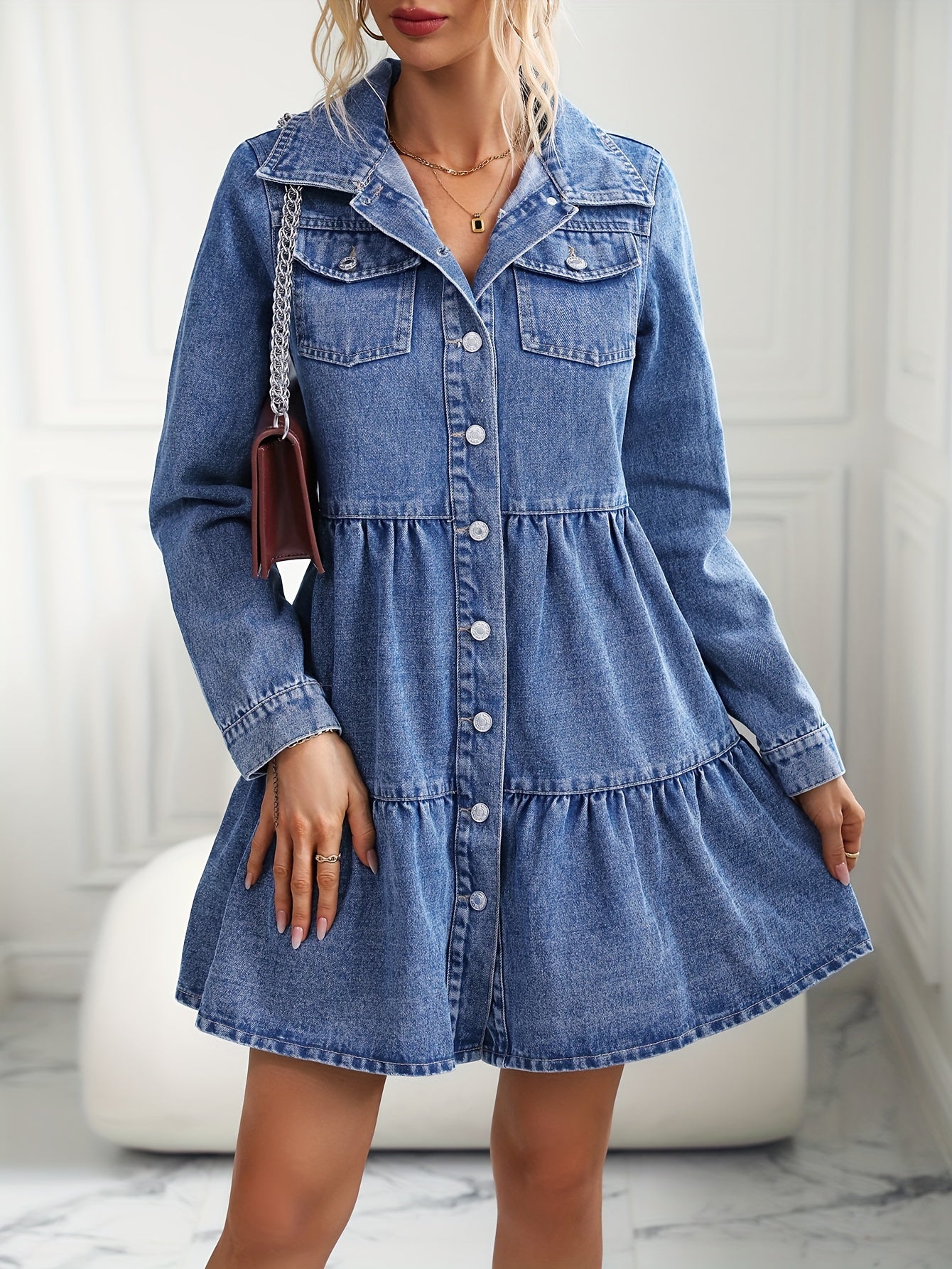 Denim Dress Long Sleeve Button Up Collar Mini Smock