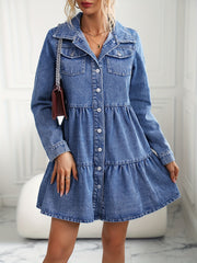 Denim Dress Long Sleeve Button Up Collar Mini Smock