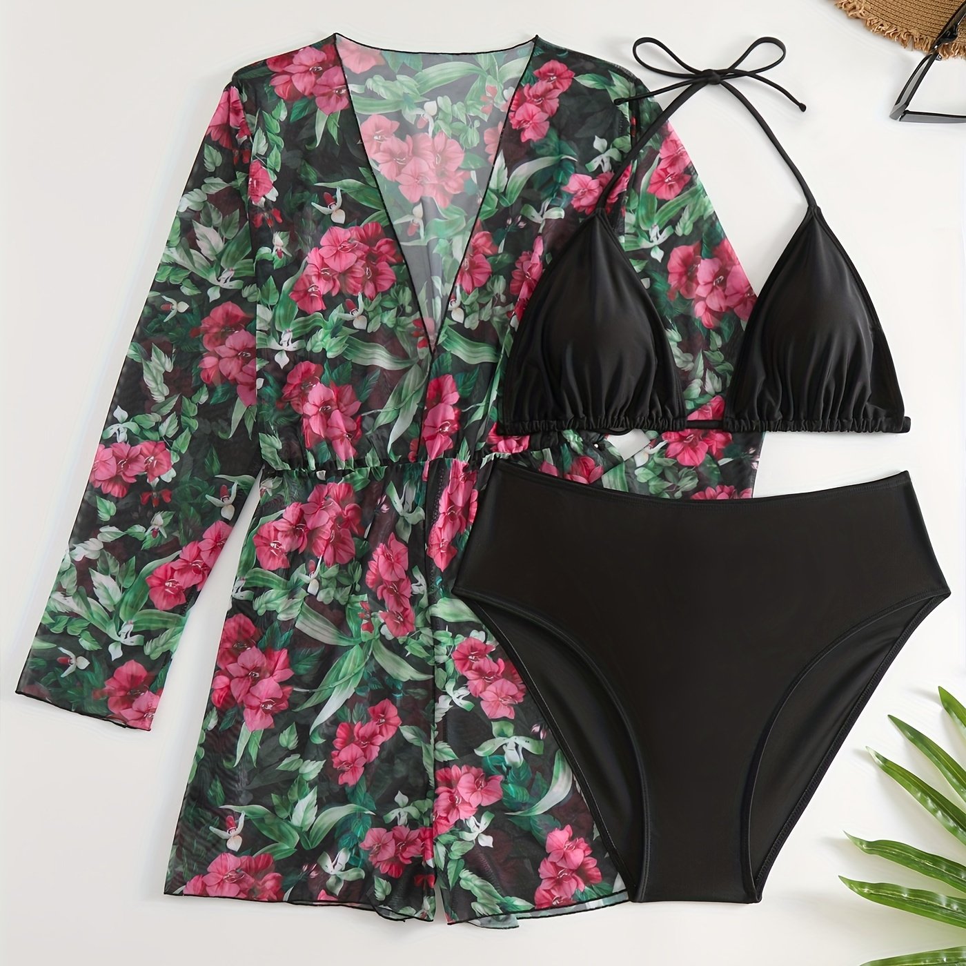 Bikini Set Women's Floral Print Cover Up & Halter Bra Panty Swimsuit