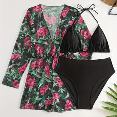 Bikini Set Women's Floral Print Cover Up & Halter Bra Panty Swimsuit